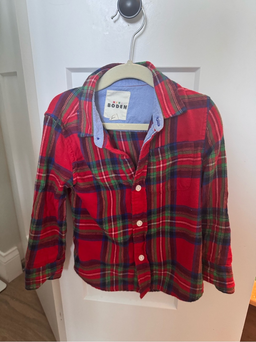 Mini Boden Red Plaid Button-Down Shirt with Green & Blue Tartan Accents